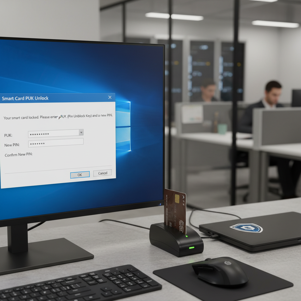 Windows smart card PUK unlock dialog for unlocking a locked CAC PIN