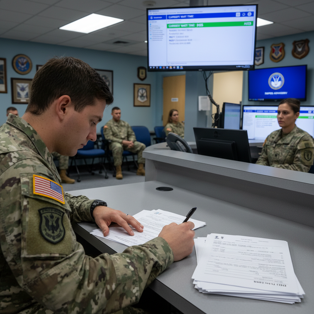 Person filling out paperwork at RAPIDS ID card office for CAC replacement