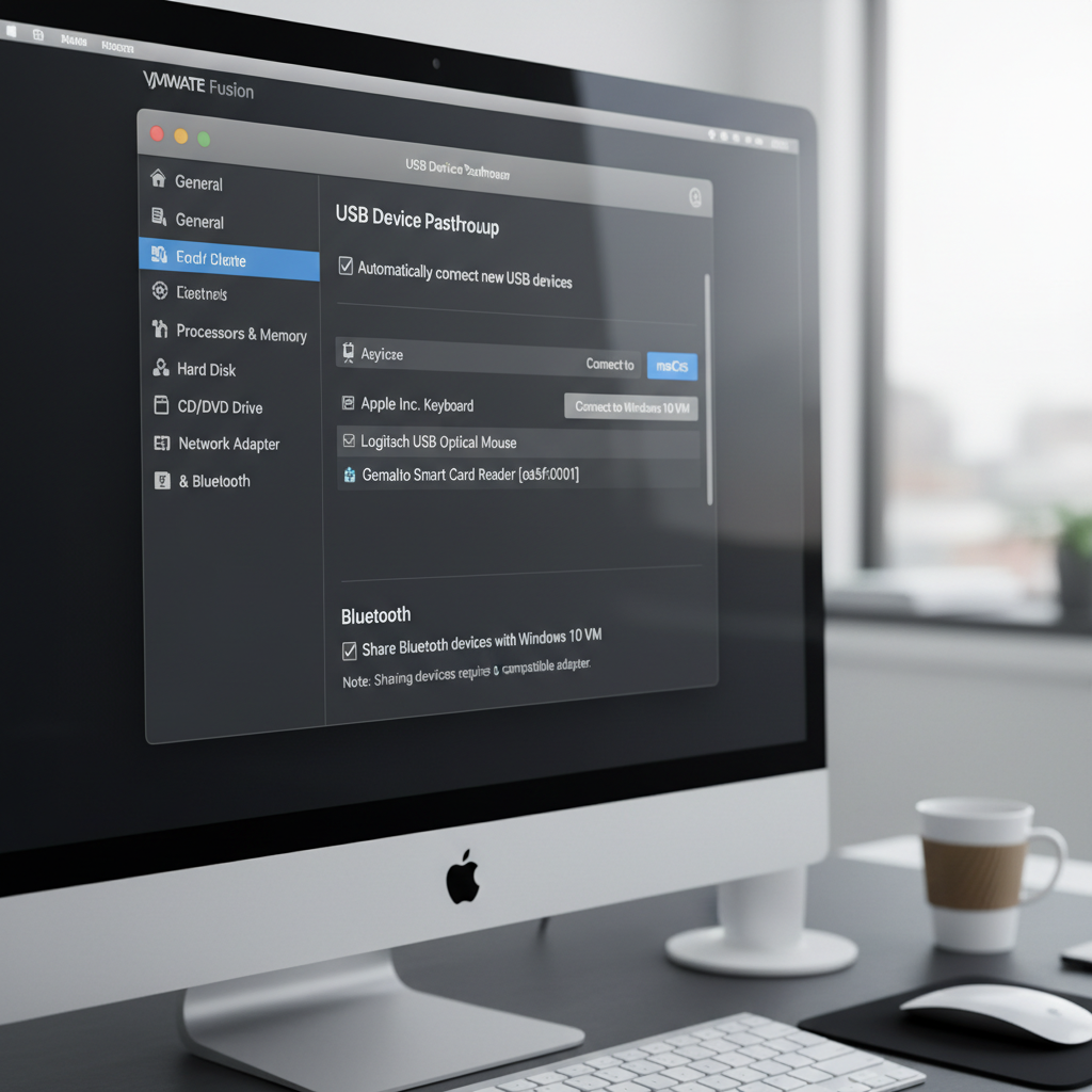 VMware Fusion USB device passthrough settings showing CAC reader configuration