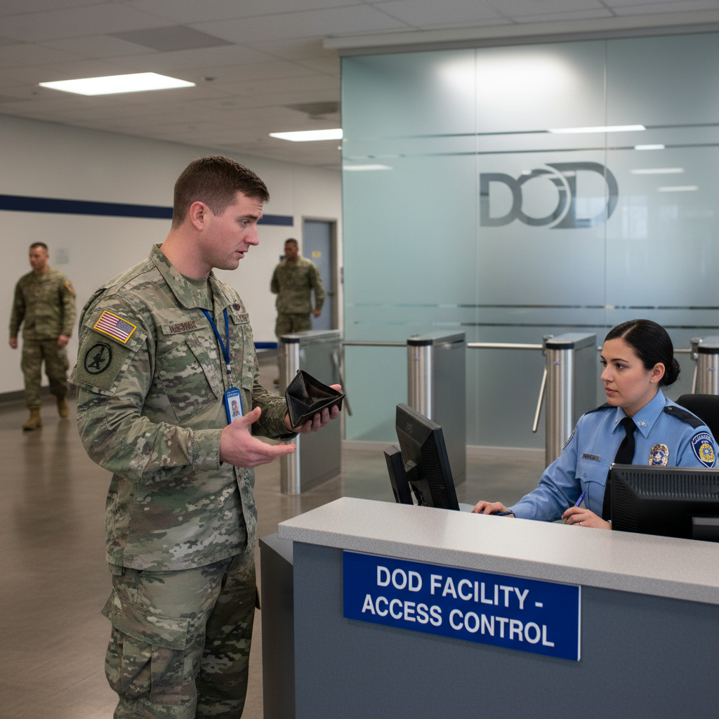 Military service member reporting a lost CAC card at a DoD security desk