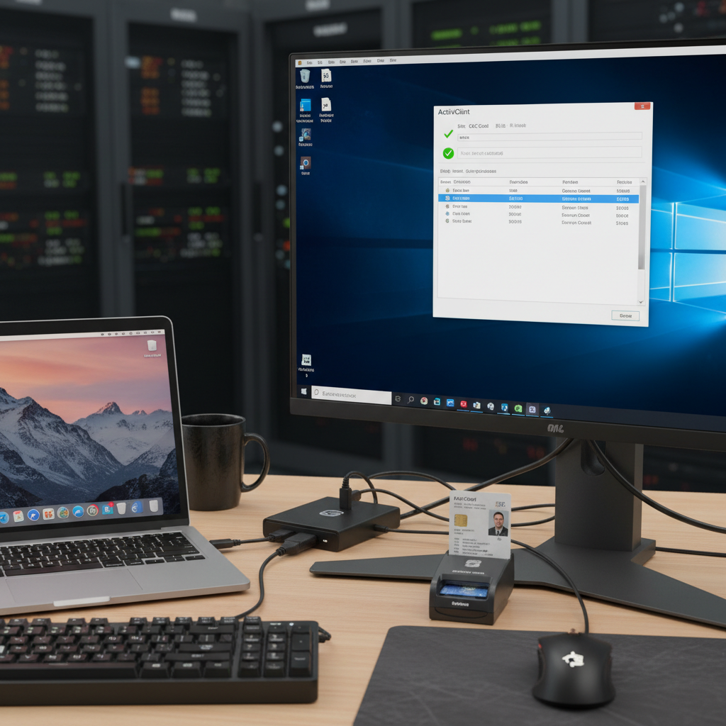 Windows virtual machine with ActivClient software open and CAC reader connected via USB