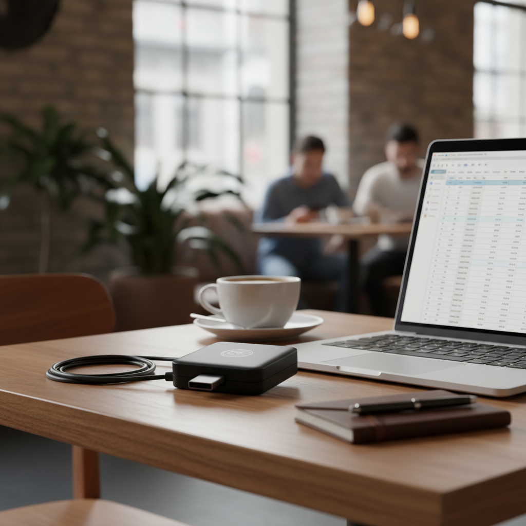 Portable CAC smart card reader next to a laptop for travel and remote work setup