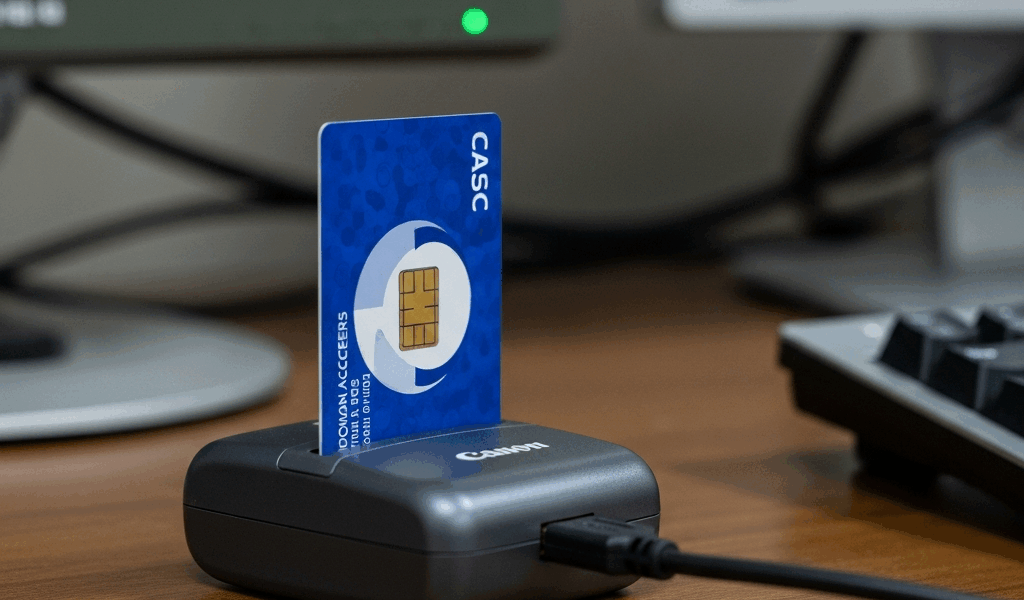 cac smart card being inserted into a usb card reader on a mi 20260331 100214