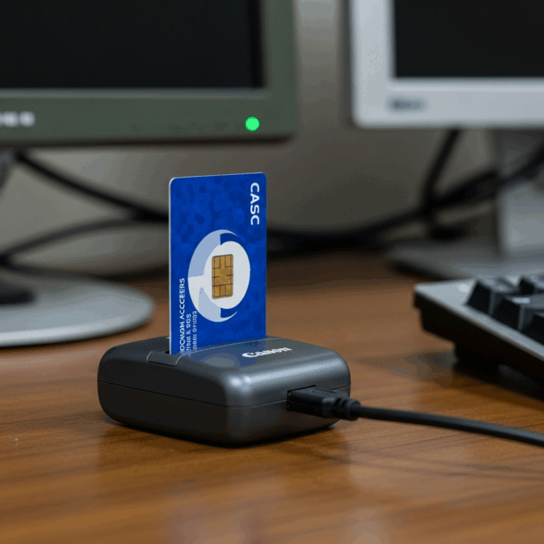 cac smart card being inserted into a usb card reader on a mi 20260331 100214