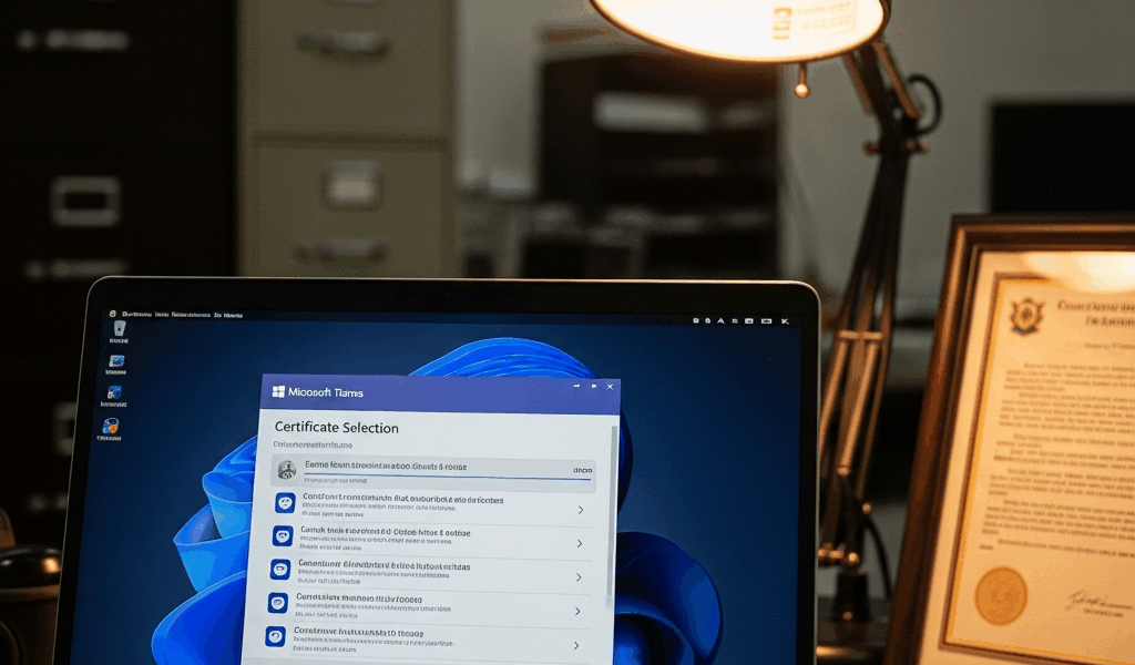 laptop screen showing microsoft teams login window with cert 20260331 100338