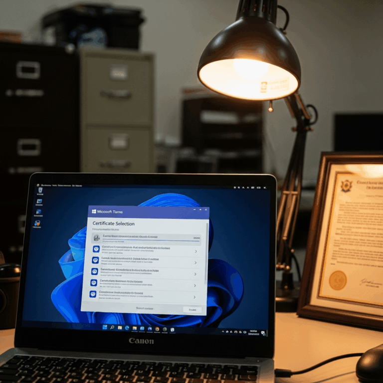 laptop screen showing microsoft teams login window with cert 20260331 100338